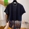 2026 Summer Women's Lace Hem Patchwork Loose T-shirt - Short Sleeve Slimming Design