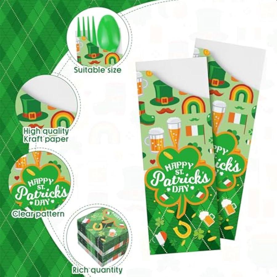 400 Pcs Happy St Patrick's Day Silverware Sleeves with Disposable Forks Knives Spoons Plastic Cutlery Utensil Pocket Bag for St