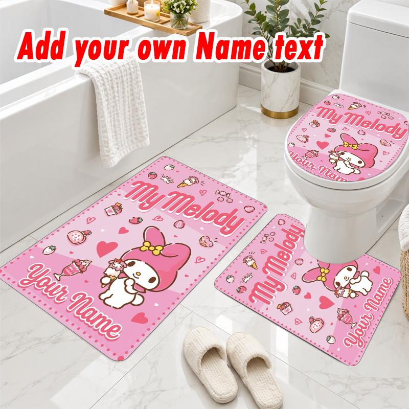 Personalized My Melody 3Pcs Flannel Toilet Mat Set Custom Text Bathroom Rug Non Slip