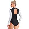 Glänzender Pailletten-Gymnastik-Leotard für Damen, Kontrastfarbe, Langarm, Rücken Ausgeschnitten, Einteiliger Body, Eiskunstlauf-Bekleidung