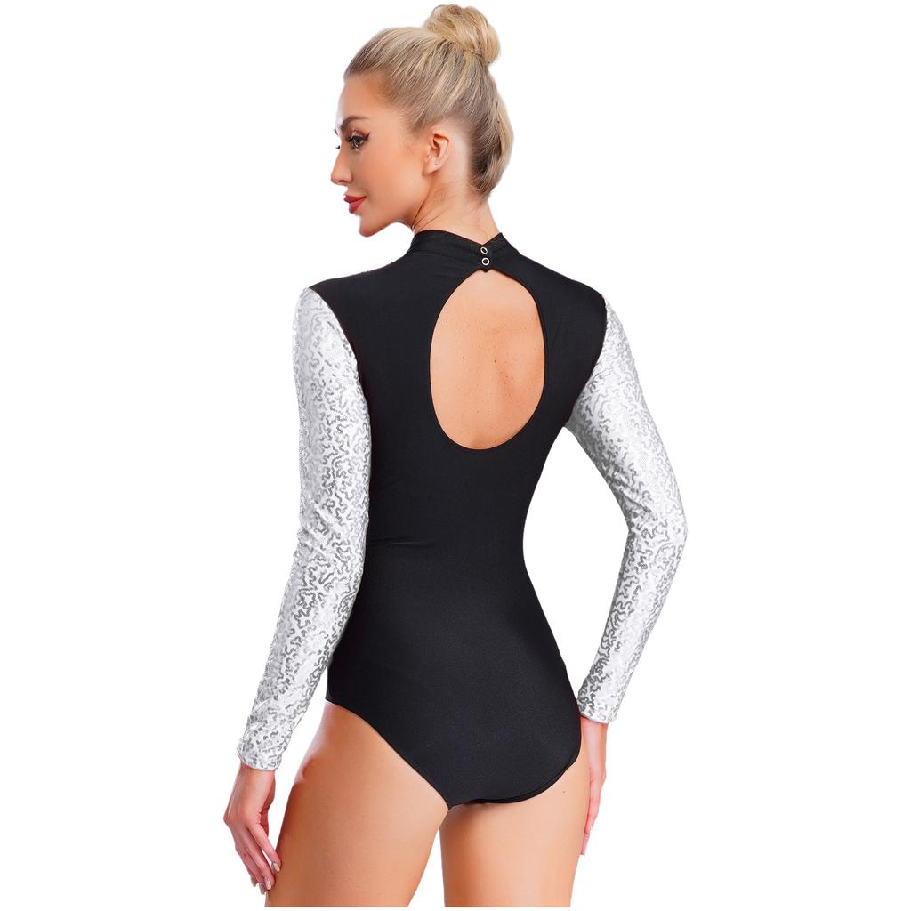 Glänzender Pailletten-Gymnastik-Leotard für Damen, Kontrastfarbe, Langarm, Rücken Ausgeschnitten, Einteiliger Body, Eiskunstlauf-Bekleidung