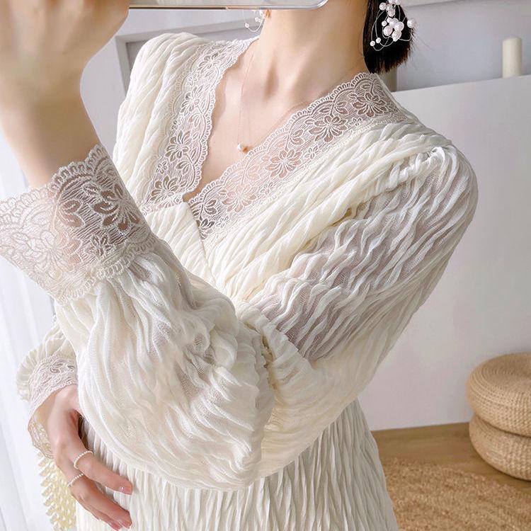 Těhotenské šaty Jarní Podzimní Oblečení Módní Styl Internetové Celebrity Francouzský V-výstřih Krajková Ozdoba Pohádkové Šaty Podzimní Zimní Sukně