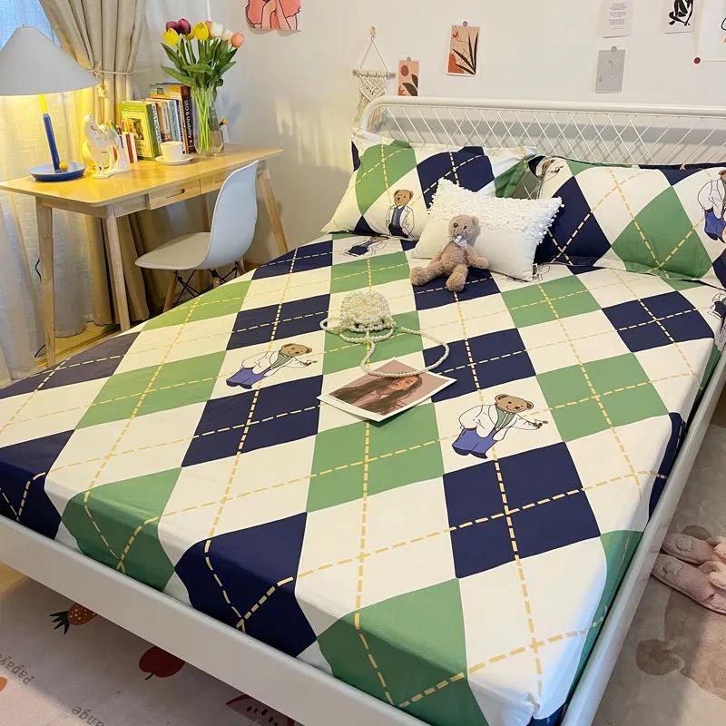 Beds Three-piece Cotton Pillow Bag Cover 1.5 Meters 1.8 Bed Seat Meng Si Dust Bed Cover Built-in Diamond Plaid Fresh Pastoral