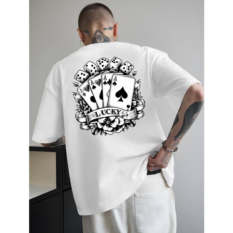 Poker Queen Summer Outdoor Sports and Casual Short-sleeved T-shirts, Men's Trendy Fashion Prints, Loose Base Shirts, Versatile Round Neck Tops