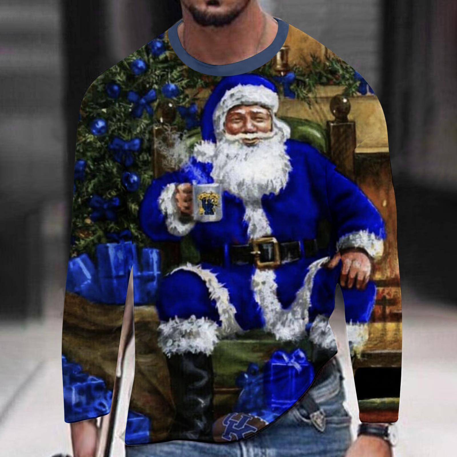 HerSight Heren O-hals lange mouw 3D digitale print T-shirts Man vrolijk kerstpatroon herfst T-shirt M