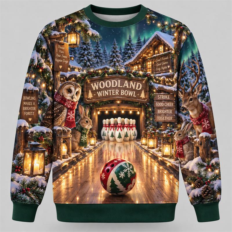 Christmas Bowling Unisex Sweatshirt Santa Snowman Reindeer Gingerbread Gnome Crewneck Xmas Pullover Holiday Sports Party Gift Fun Top