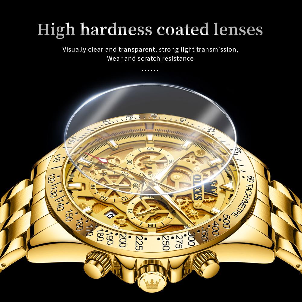 OLEVS Watches Mens 9913 Gold Skeleton Quartz Watch Waterproof Luminous Calendar Watches For Men Gifts Original Business Reloj