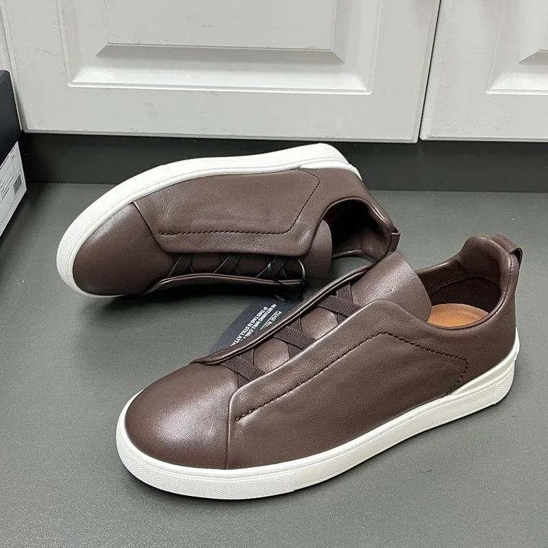 Spring Autumn Vintage High Quality Genuine Leather Lace-Up Shoes Man's Solid Color Round Toe Low-cut Flat Bottom Shoes