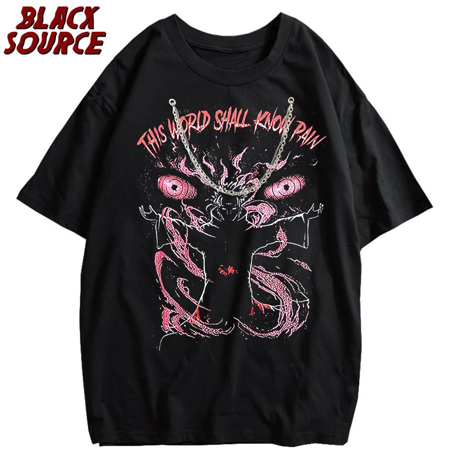 black source Anime Pain Printed T Shirt Men Retro Washed Cotton Tops Tees Harajuku Tshirt Streetwear Hip Hop Male Tshirts M