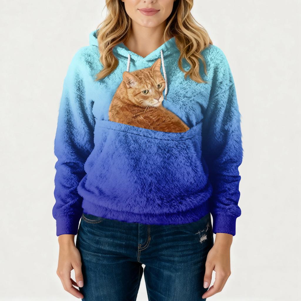 Damen Modisches Lässiges Fleecegefüttertes Langarm-Taschen-Kapuzen-Sweatshirt mit Aufdruck