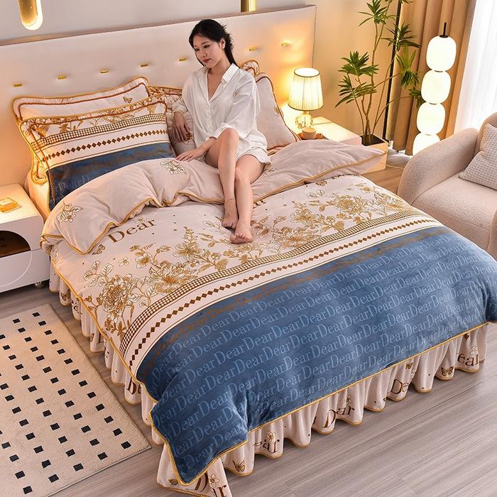 Light luxury high-end thickened milk fleece four-piece set, winter warm quilt cover, double-sided coral fleece anti-static three-piece set