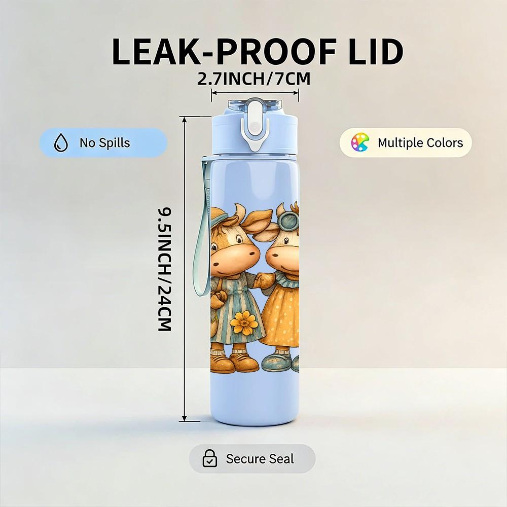 1PC Twin Country Dolls Cartoon 750ml Color Plastic Sports Water Bottle Leakproof Flip Straw Lid Suitable for Sports Office Home Use