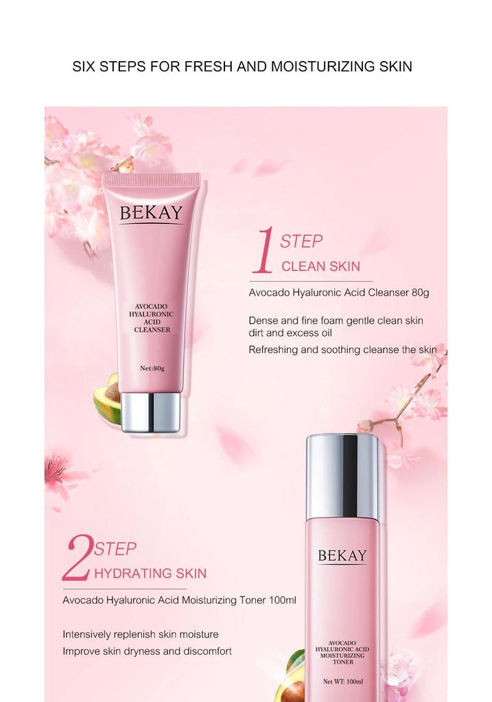 Avocado Hyaluronic Acid Six-Piece Skincare Set: English Version, Hydrating & Moisturizing.