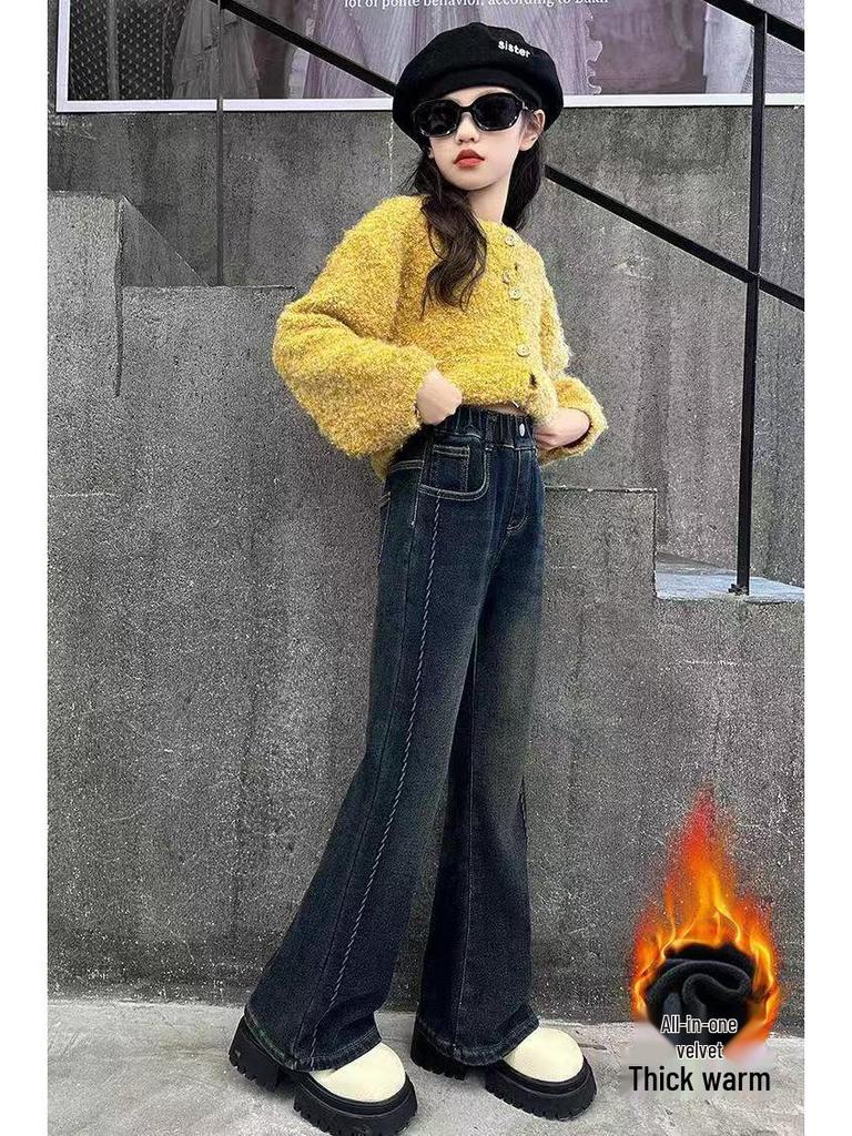 Girls' Plus Velvet Flared Pants - Stylish Slim Fit Autumn/Winter Jeans for Older Children and Students