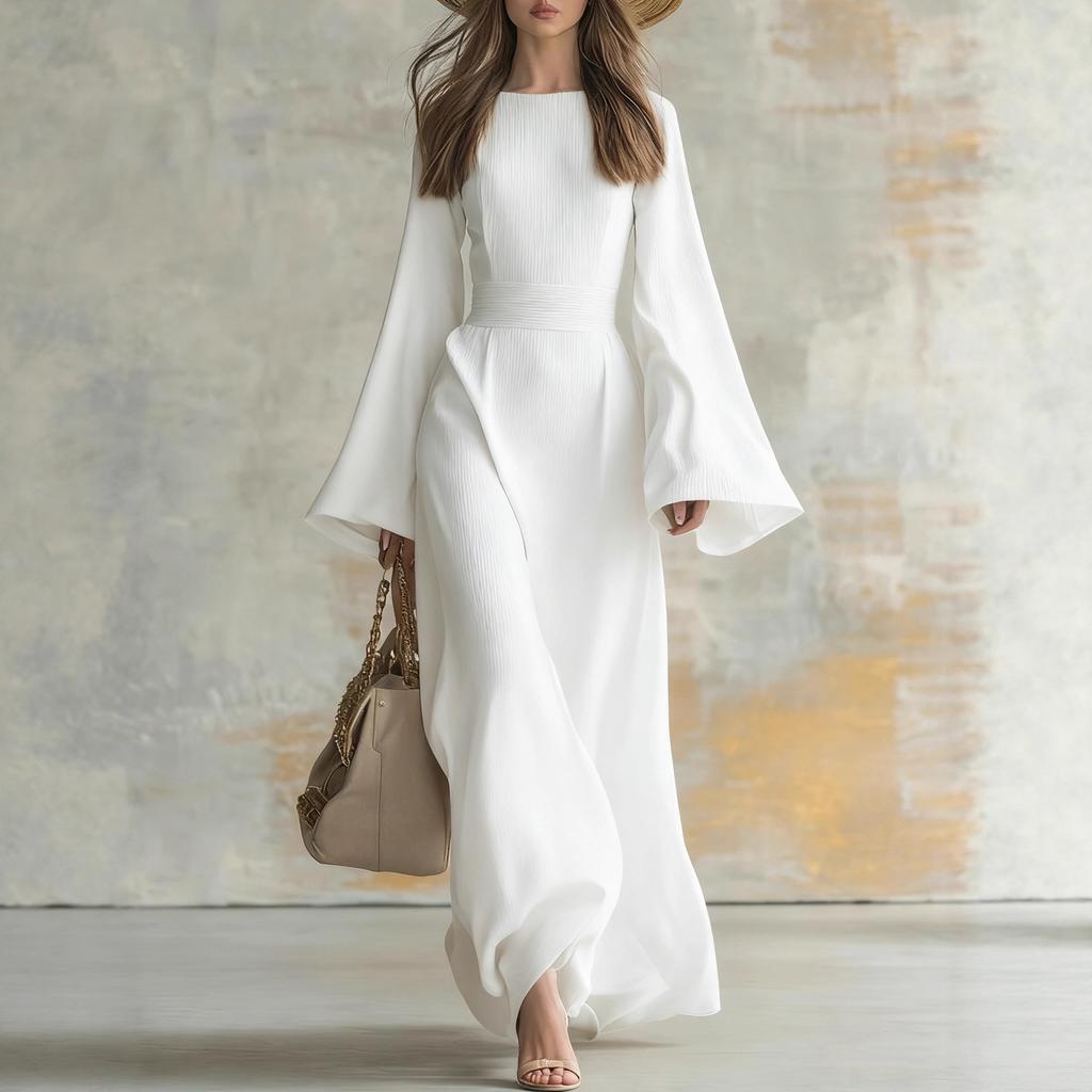 Women's High Neck Long Sleeve Dress with Bell Sleeves and Waist Tie
