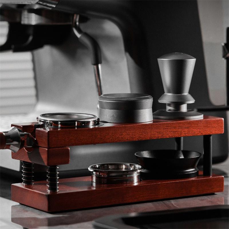 51-58mm Wooden Coffee Tamper Station Spring Tamper Holder Coffee Knock Box Distributor, Portafilter & Puck Screen Organizer Box