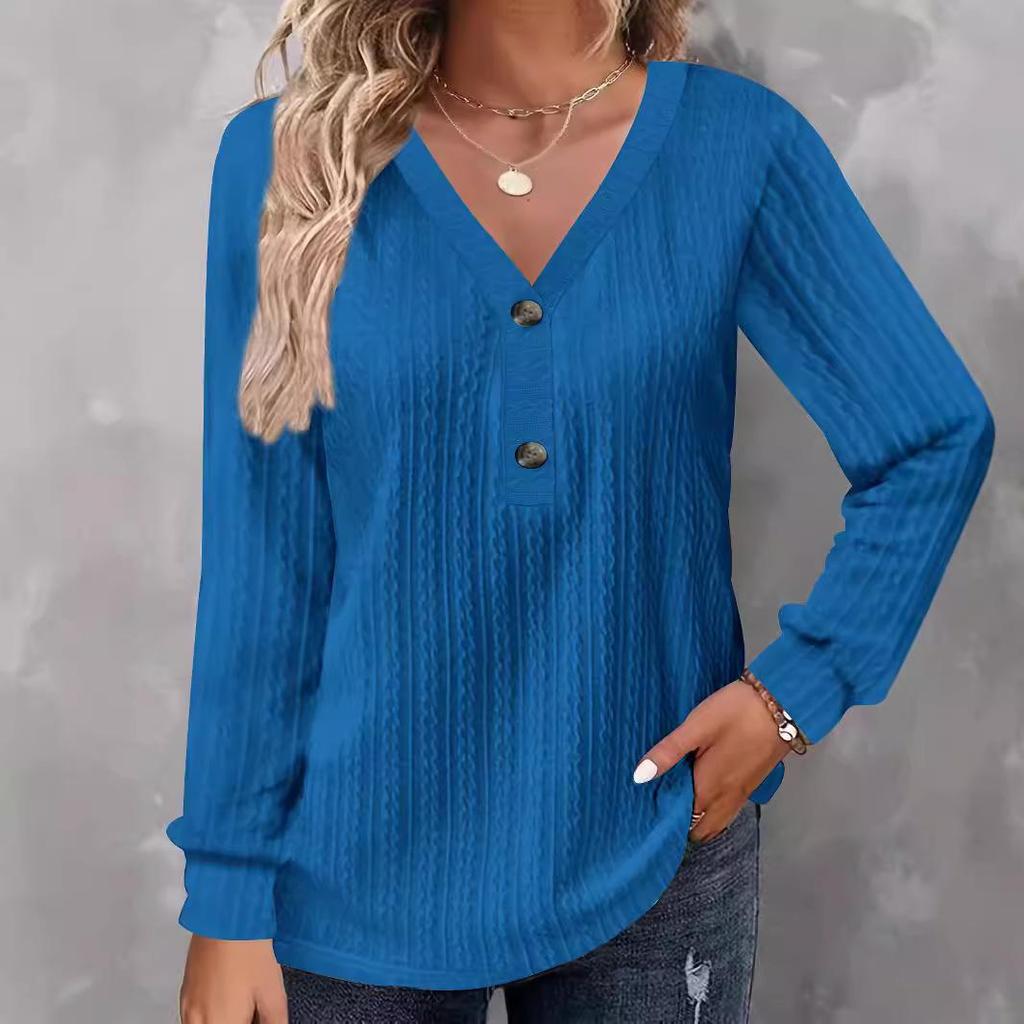 2025 Damen Einfarbig V-Ausschnitt Knopf Langarm Lässiges Mode-T-Shirt für Herbst/Winter