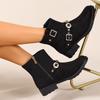 Fashion Square Heel Side Zip Booties Autumn New Round Toe Metal Buckle Anti-Slip Wear-Resistant Single Boots