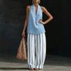Women Cotton Linen 2 Piece Sets Sleeveless Halter V Neck Top And Striped Wide Leg Pants Sets Summer Vacation Lounge Outfits