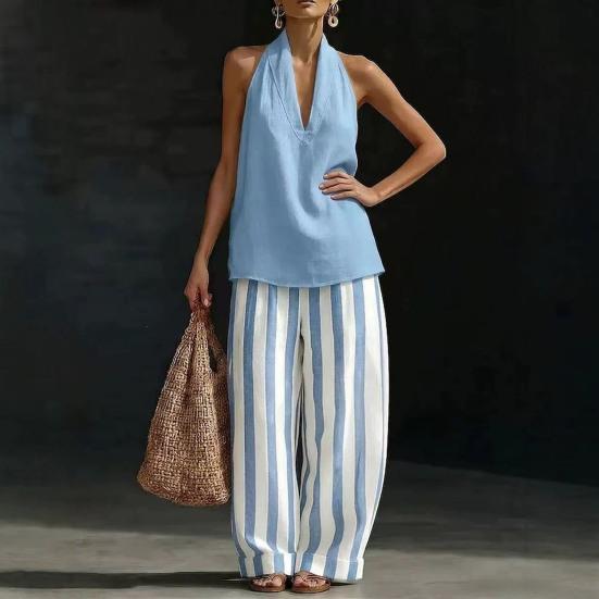 Women Cotton Linen 2 Piece Sets Sleeveless Halter V Neck Top And Striped Wide Leg Pants Sets Summer Vacation Lounge Outfits
