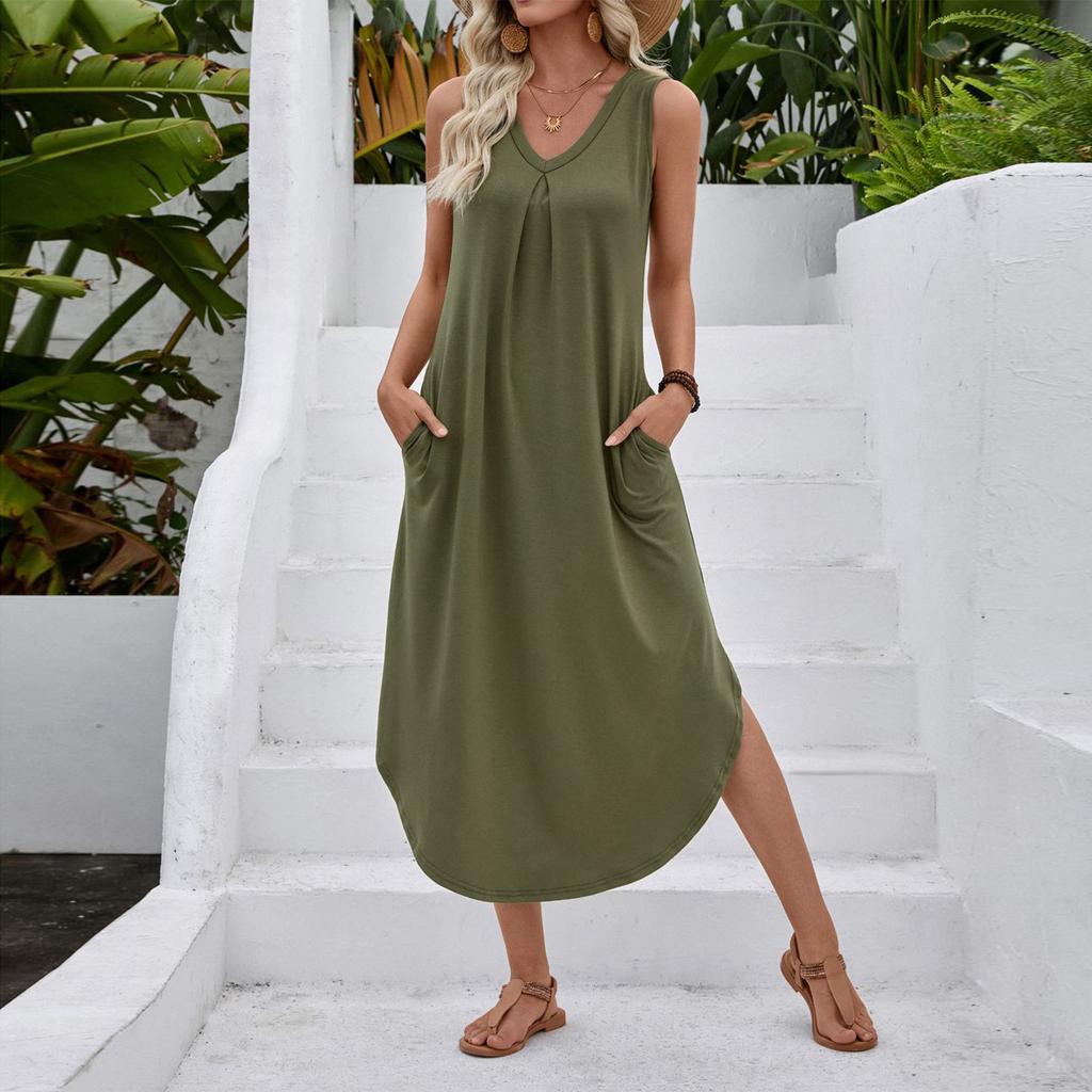 Women's Fashionable Color V-neck Sleeveless Vest Dress With Pleated A-line Beach Pocket Dress