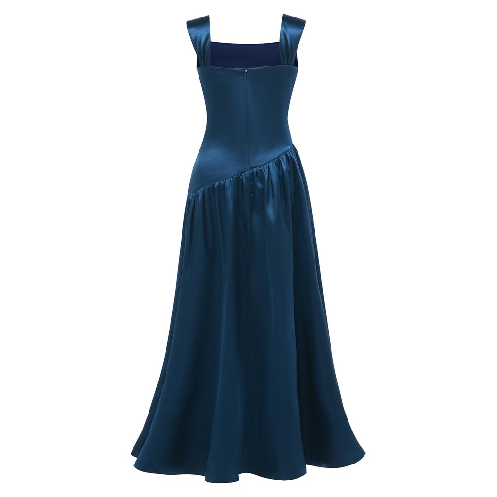 Robe de Soirée Satinée Fleurie pour Fille Sans Manches Corsage Froncé Taille Basse Asymétrique Robe Coupe A Ligne Fente Latérale pour Mariage Baptême