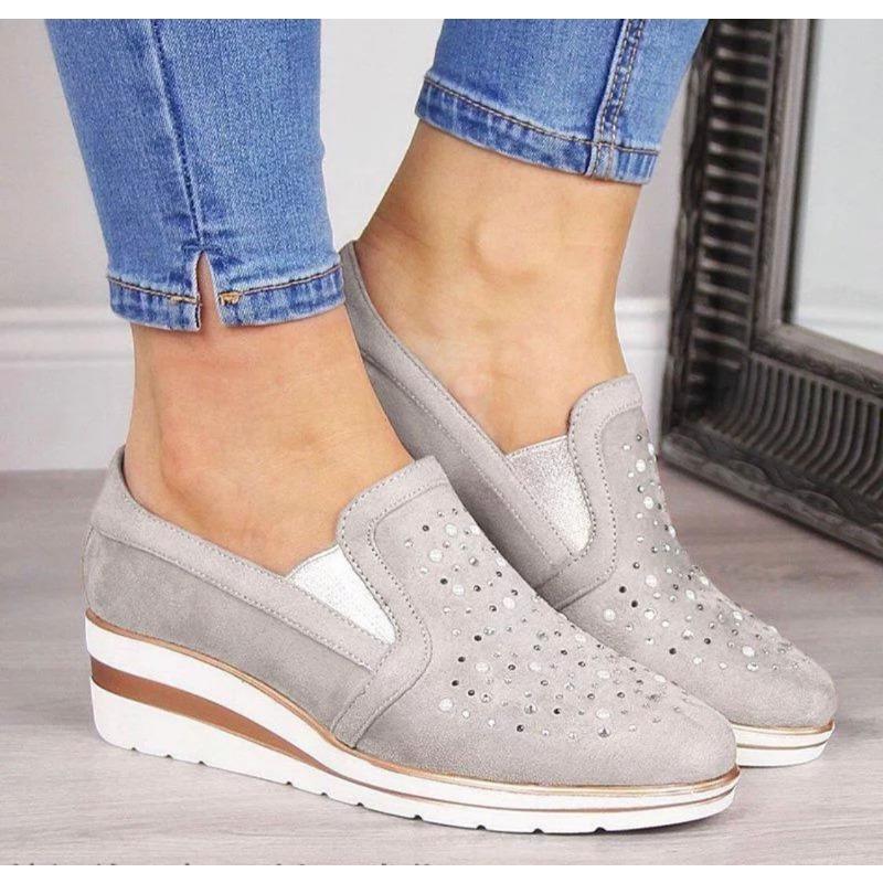 20 summer new rhinestone slope heel single shoes women's light flat lazy shoes large size medium heel women's shoes