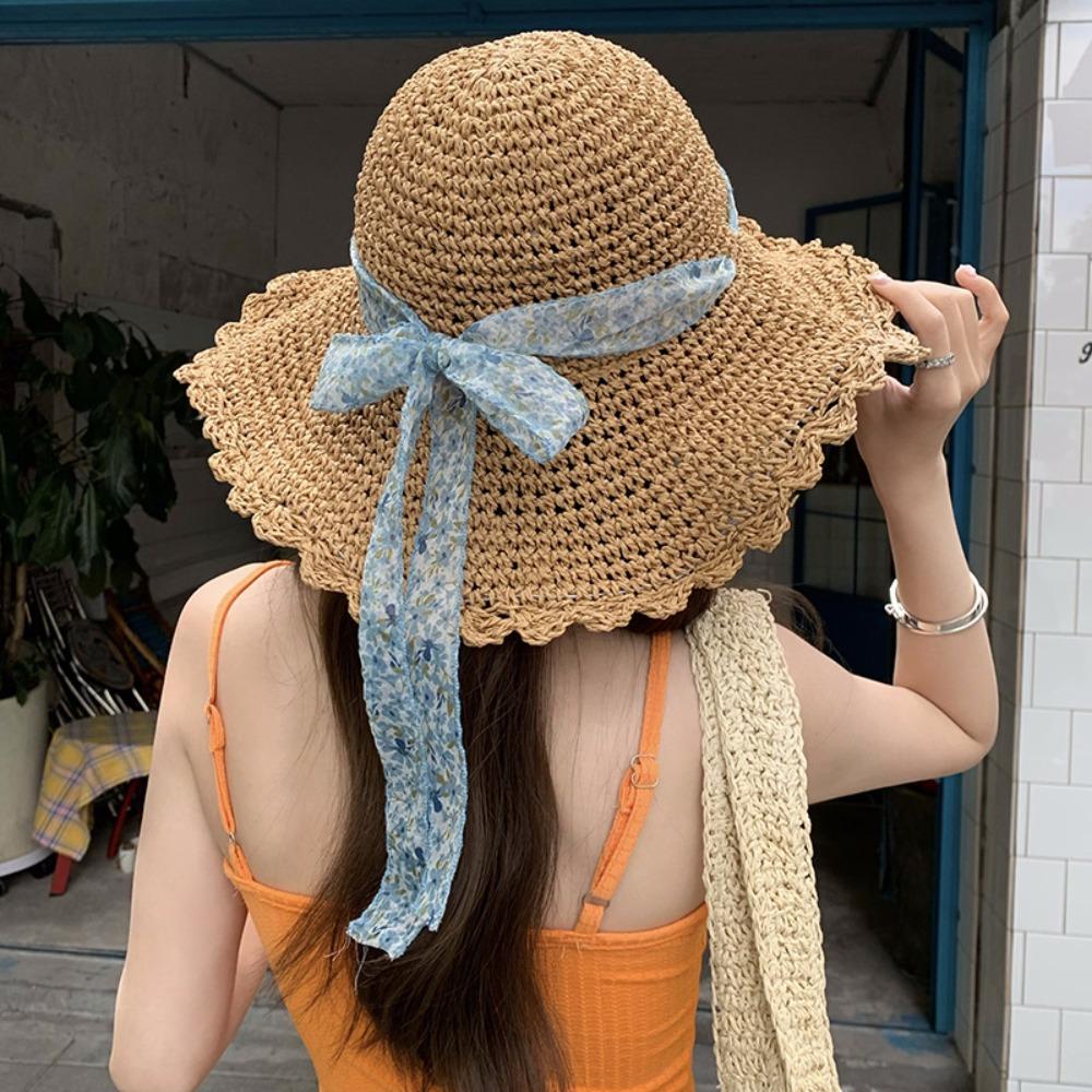 Big Brim Lace Straw Hat Spring Summer Women's Sun Hat Elegant Bow Ribbon Straw Hat  Lady