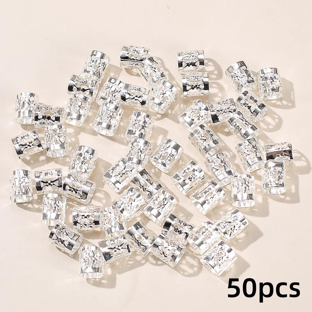50pcs Metal Hollow Hair Rings, Beads Hair Braid Clips, Dreadlock Cuffs for Braiding, Hair Accessories Decoration