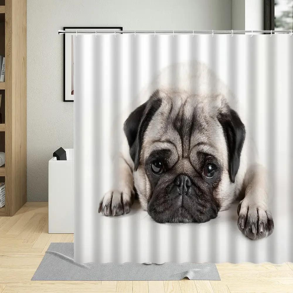 Cute Beige Dog Pug Puppy Pink Hearts Pattern Decor Bathroom Curtains Polyester Fabric Waterproof Kids Shower Curtain With Hooks