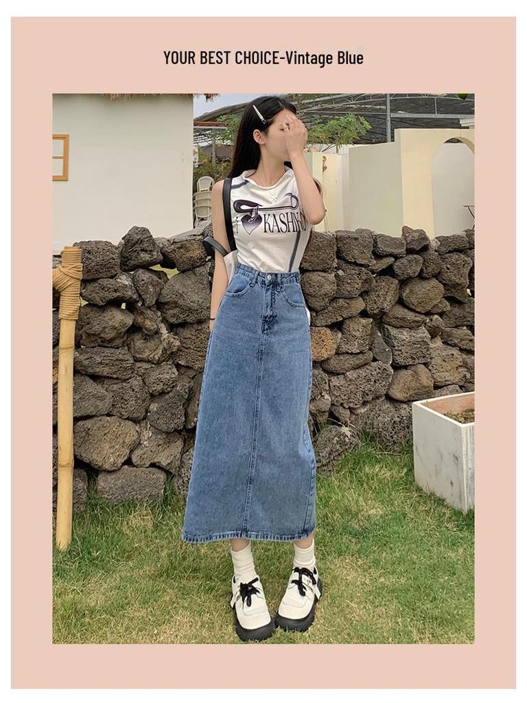 2024 Women's High-Waisted A-Line Denim Skirt with Split: Retro Long Skirt for Spring and Autumn