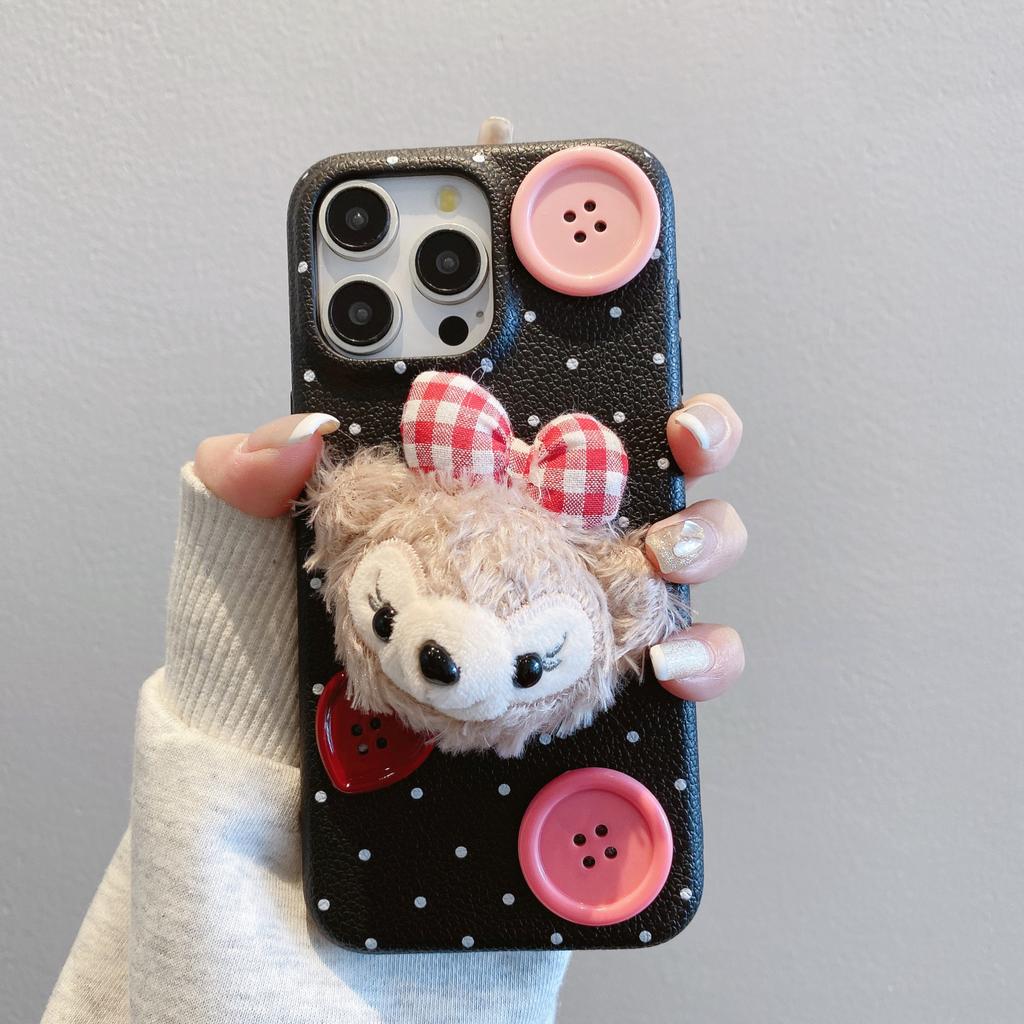 Winter Plush Filipino Button Lanyard Apple 16promax 15pro Fall proof Full Cover 13P Leather Pattern Mobile Phone Case