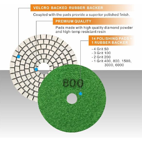 SPTA 15Pcs Diamond Wet Polishing Pads Set, 4 Inch, White, 50#-6000#, For Granite, Concrete, Marble, Stone, Tiles, With Floor Grinder Or Polisher