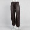 Schwarze Weite Hosen mit Knöchelmanschette Hohe Taille Elastische Taille PU-Lederhosen