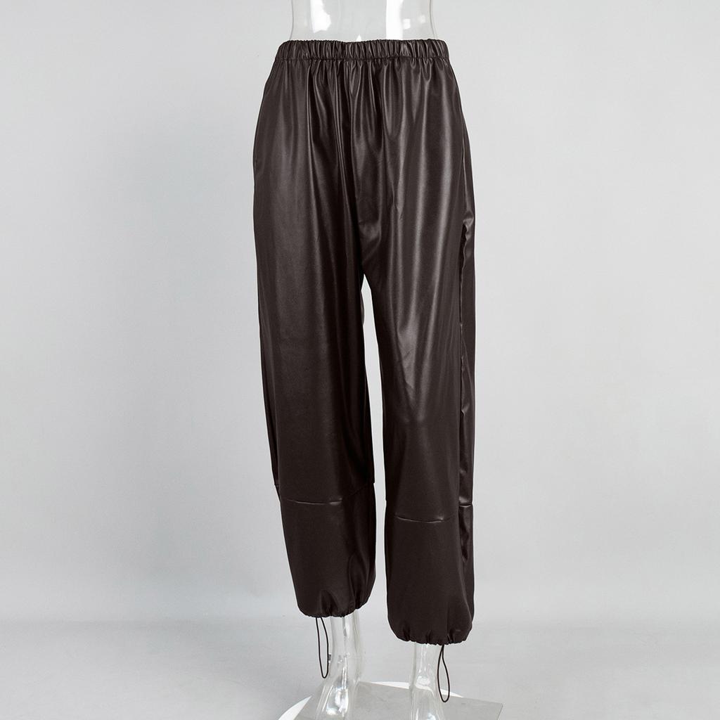 Schwarze Weite Hosen mit Knöchelmanschette Hohe Taille Elastische Taille PU-Lederhosen