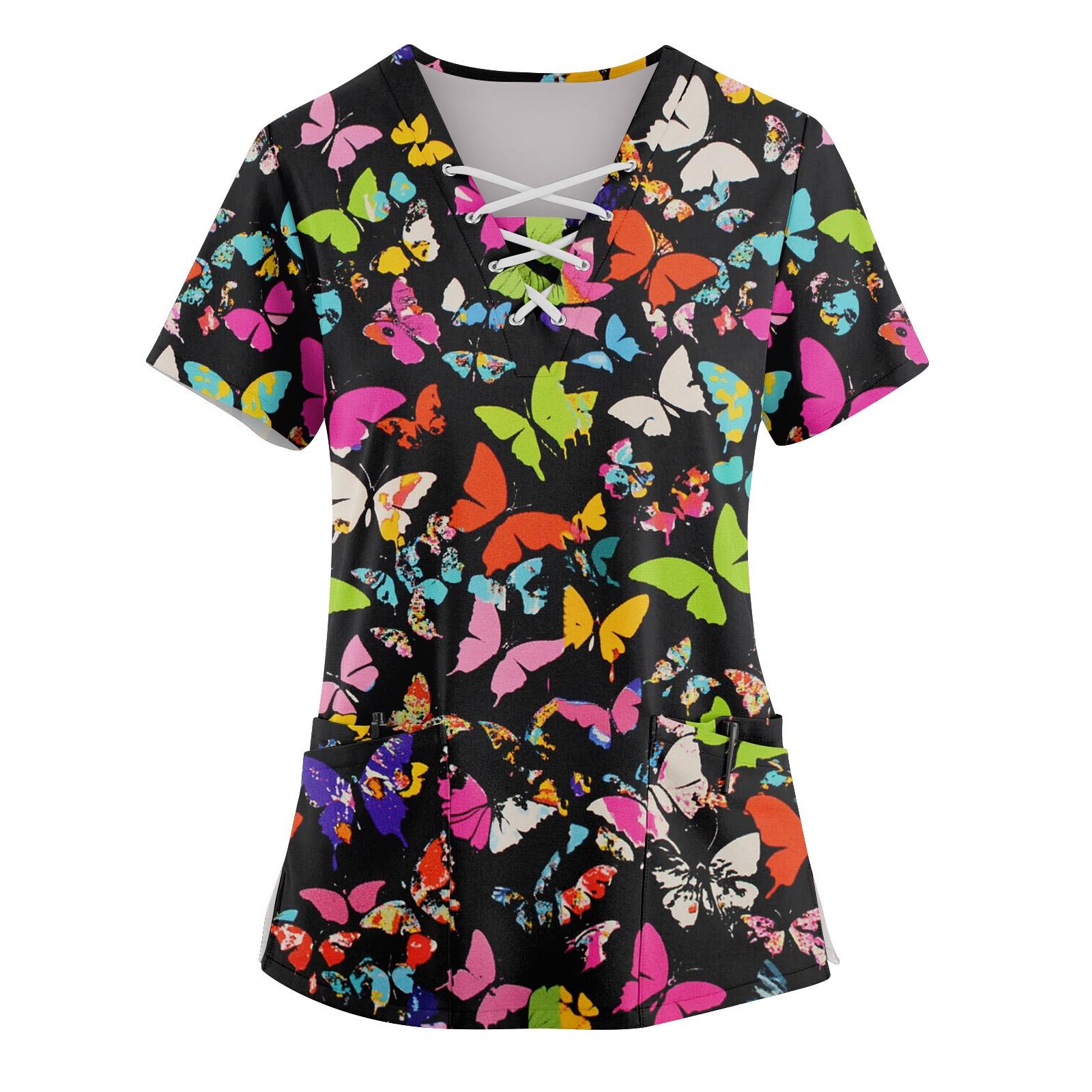 Женский топ с короткими рукавами, V-образным вырезом, цветочным принтом и карманом XXXXXL хаки