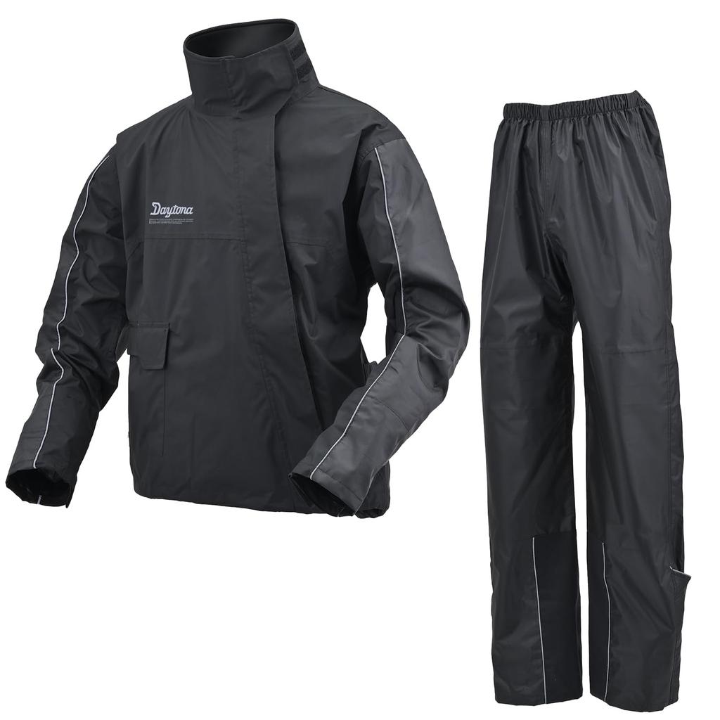 Daytona DR-001 Men's Motorcycle Rainwear Set, Water Resistant to 20,000mm, Stretch, Waterproof with Zipper, High-Performance, Black, Size L