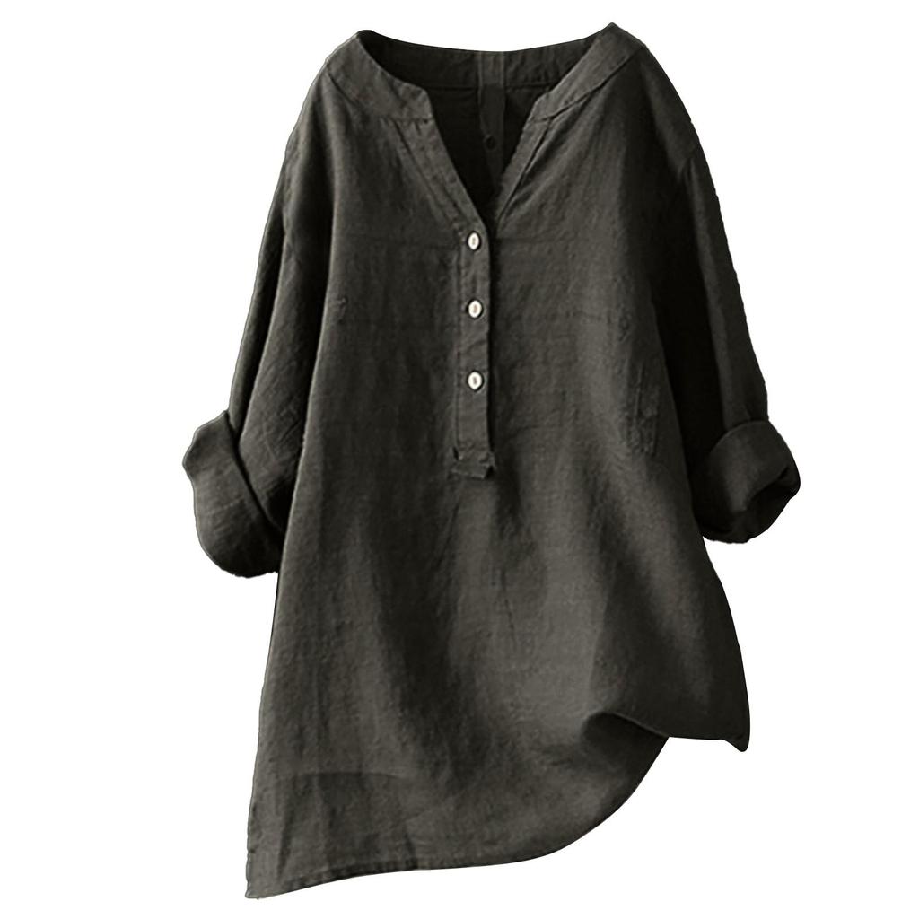 Women Cotton and Linen Top Button Down Blouse Ladies Tops Stand Collar Solid Women's Blouse Long Sleeve Casual Shirt Loose Tops