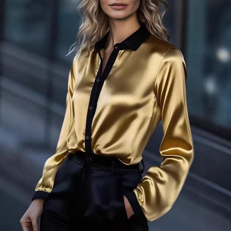 Women's Spring New Style Elegant Commuting Long-Sleeve Shirt Satin Color-Block Blouse