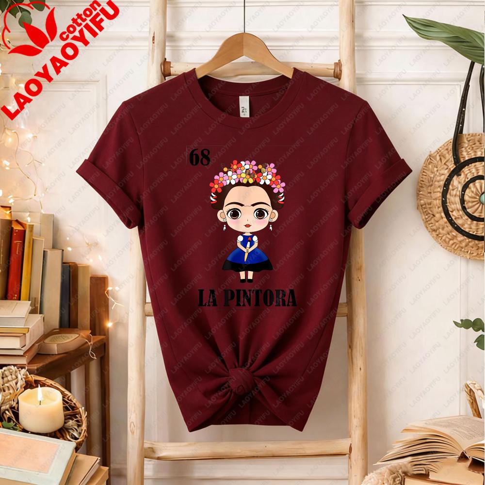 Cute Cartoons Chibi Frida Kahlo TShirt Mexican Artist Kawaii Graphic Tee Art Lover Gift Summer Clothes for Women Shortsleev