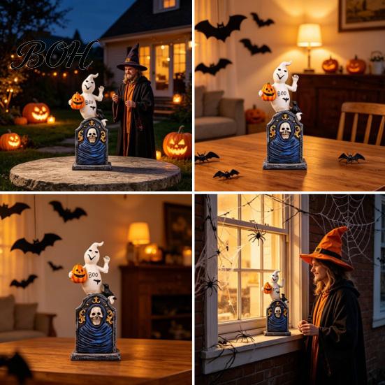 Compact Window Display Items Halloween Tombstone Figurine, Resin Ghost Pumpkin Crow on Retro Haunted House Props Statue for Desktop Holiday