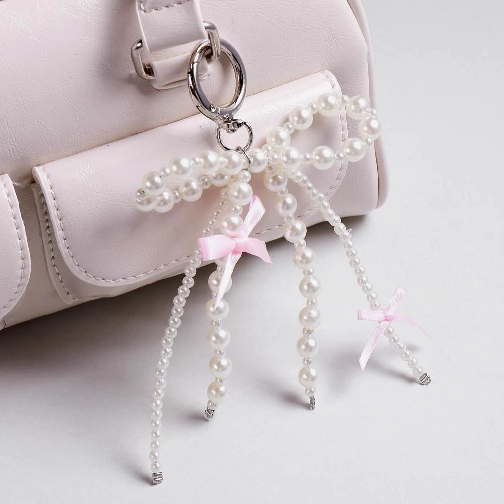 2025 New Korean Fashion Sweet Pearl Bow Keychain Heart Pendant Keyring Y2K Ins Aesthetic Holder for Girl Bag Pendant Accessories