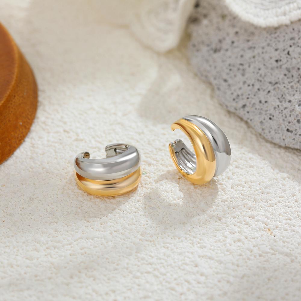 Glossy Smooth Double Layer Gold&Silver Mixed Color C-shape Clip Earrings for Women Stainless Steel No Piercing Ear Cuff Jewelry
