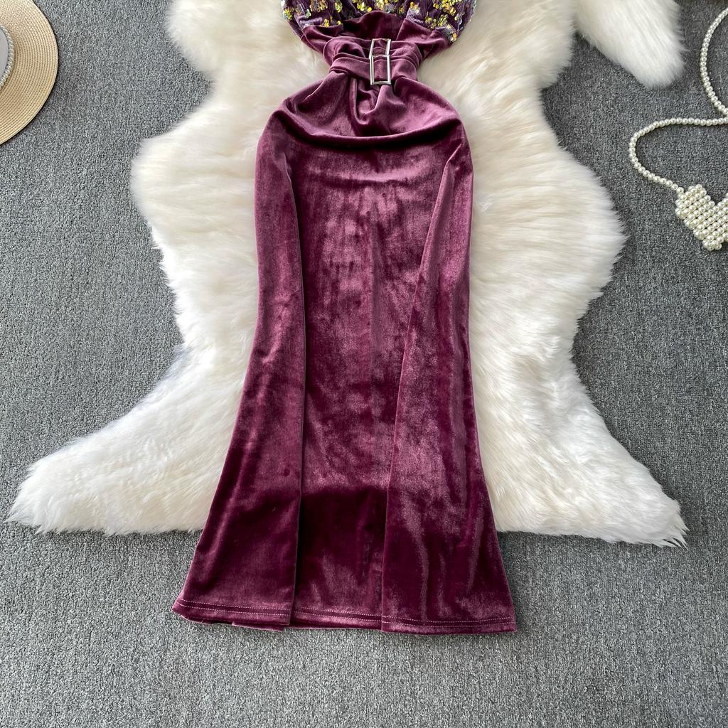 Summer Women Vintage Spaghetti Strap Sequined Velvet Long Midi Slim Bodycon Party Fishtail Dresses