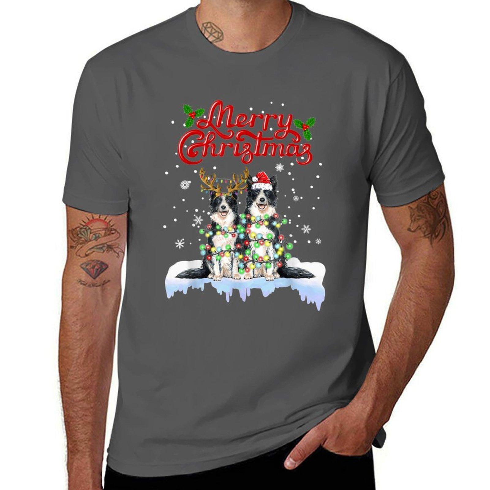 

Border Collie Christmas Lights Funny Dog Matching Family T-Shirt cotton t shirts man 100% essential t shirt T-Shirt 4XL