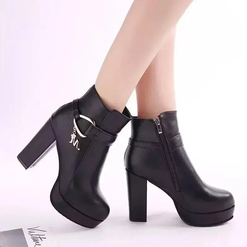 Winter Booties Women  New Genuine Leather Fashion Platform Shoes For Woman  High Heel Boots Dress Shiny Office  Ankle Boots