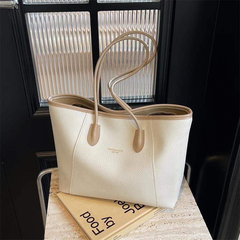 Women's large capacity PU shoulder bag monochromatic stitching bag casual totes