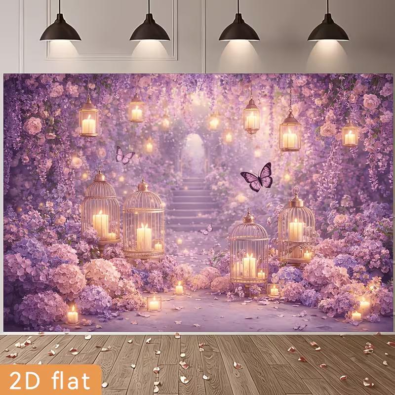 2D Magical Wisteria Backdrop Purple Floral Candle & Butterfly Party Background Banner