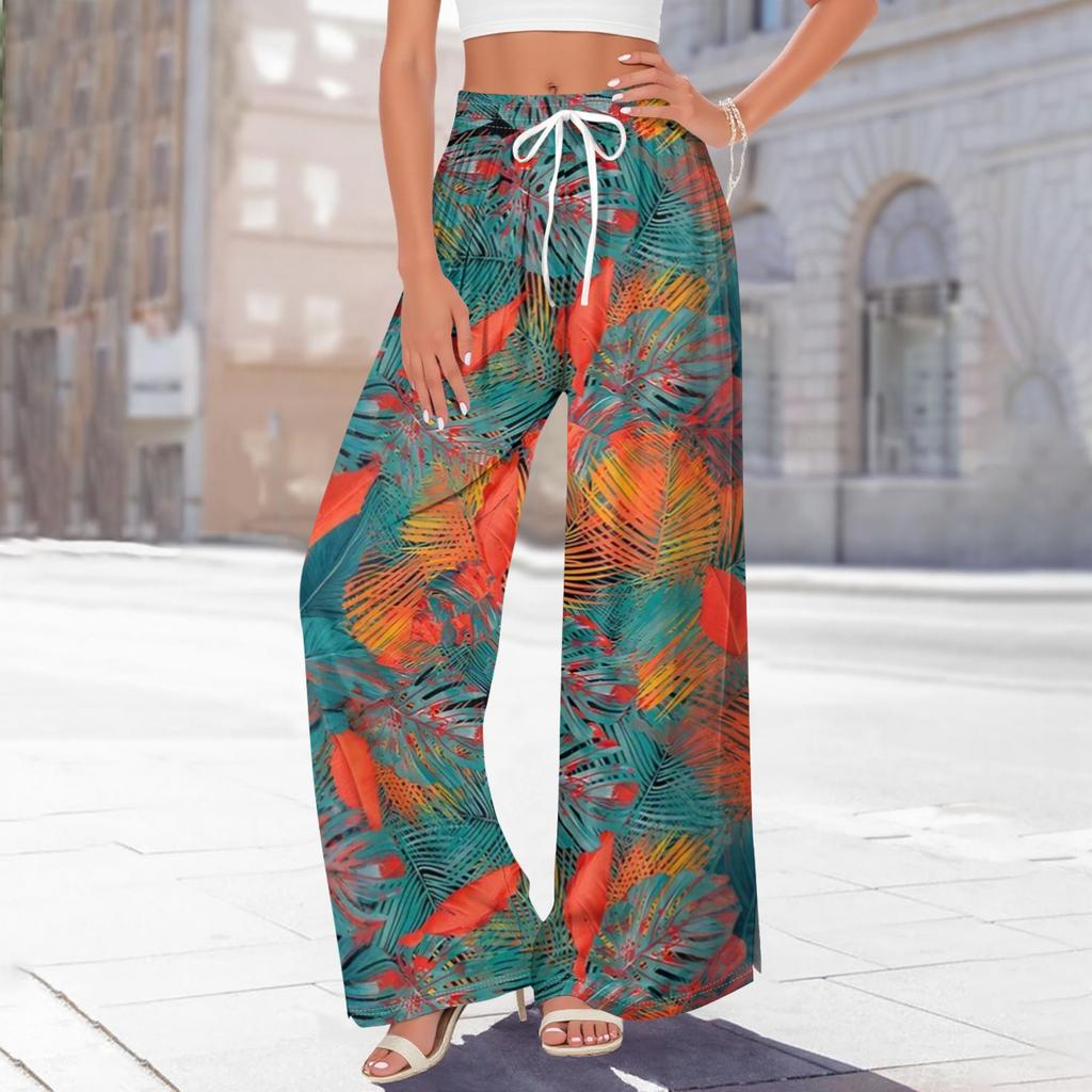 Damen Bedruckte Weitbeinige Hosen mit Taschen Hohe Taille Kordelzug Lockere Freizeit-Hosen
