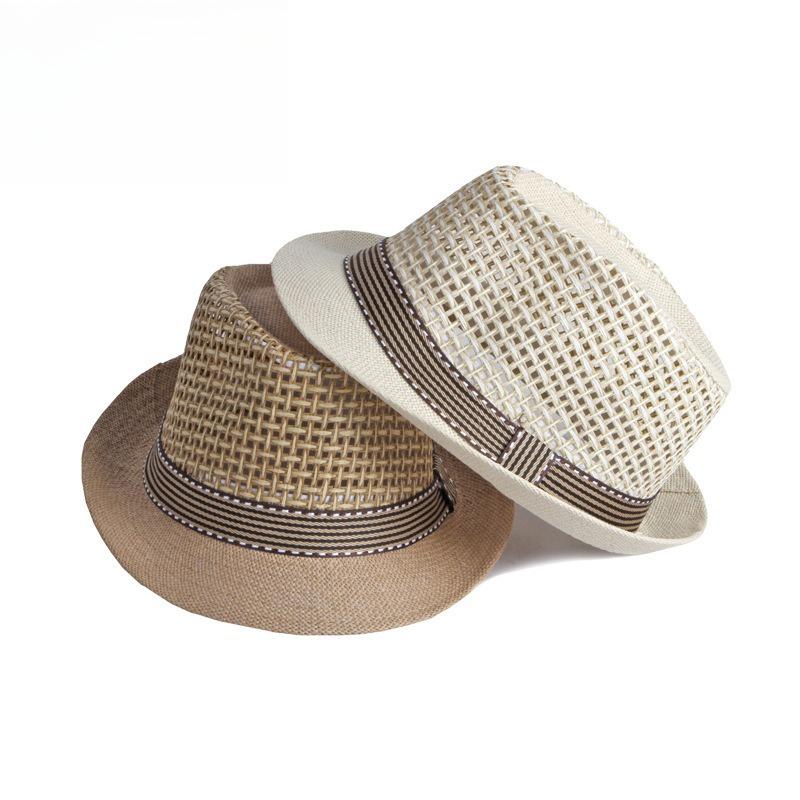 Unisex Summer Straw Fedora Hat Hollow Out Mesh Crown Panama Trilby Cap Striped Band Sun Protection Beach Travel Jazz Hat